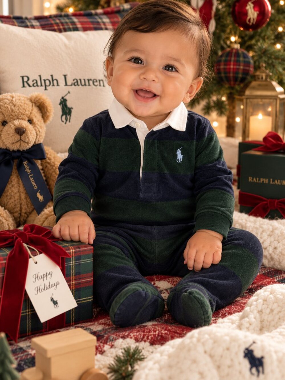 VINTAGE Ralph Lauren Baby Boy Polo Onsie 6M Navy Green Striped Footed One Piece